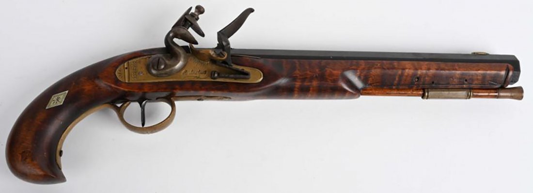 Rare Tennessee ROYLAND SOUTHGATE Flintlock Pistol: Rare hand-made Flintlock Pistol by famed Nashville (Franklin), Tennessee Gunsmith Royland Ives Southgate - one of only approx. 75 made | Pistol has a rifled 10" octagon barrel of .45 cal, rifled; A br