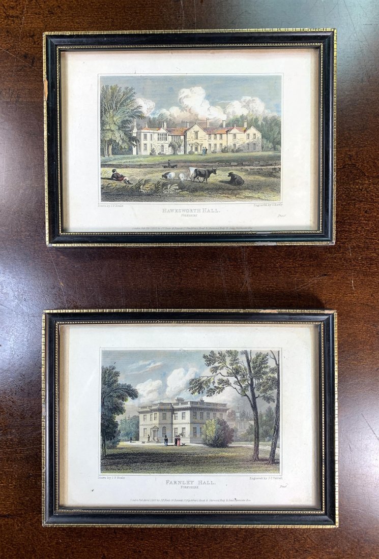 Pair of English Engravings after John Preston Neale: Pair of Antique English Engravings Farnley Hall & Hawksworth Hall After John Preston Neale (London: 1818-1823 | Image #1: Title: Farnley Hall | Description: Artist Proof - View of Farnley Hall from th