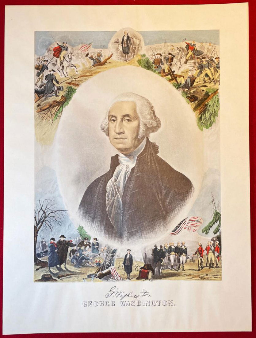 Engraving of George Washington after Gilbert Stuart: Antique Engraving of George Washington after Gilbert Stuart's 1796 portrait of Washington | Features Portrait of George Washington surrounded by 4 detailed vignettes of Washington including Trenton, P