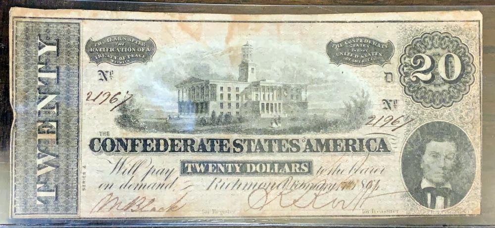 Civil War Confederate (CSA) $20 Note - T67- 1864 (TN) (1 of 2)