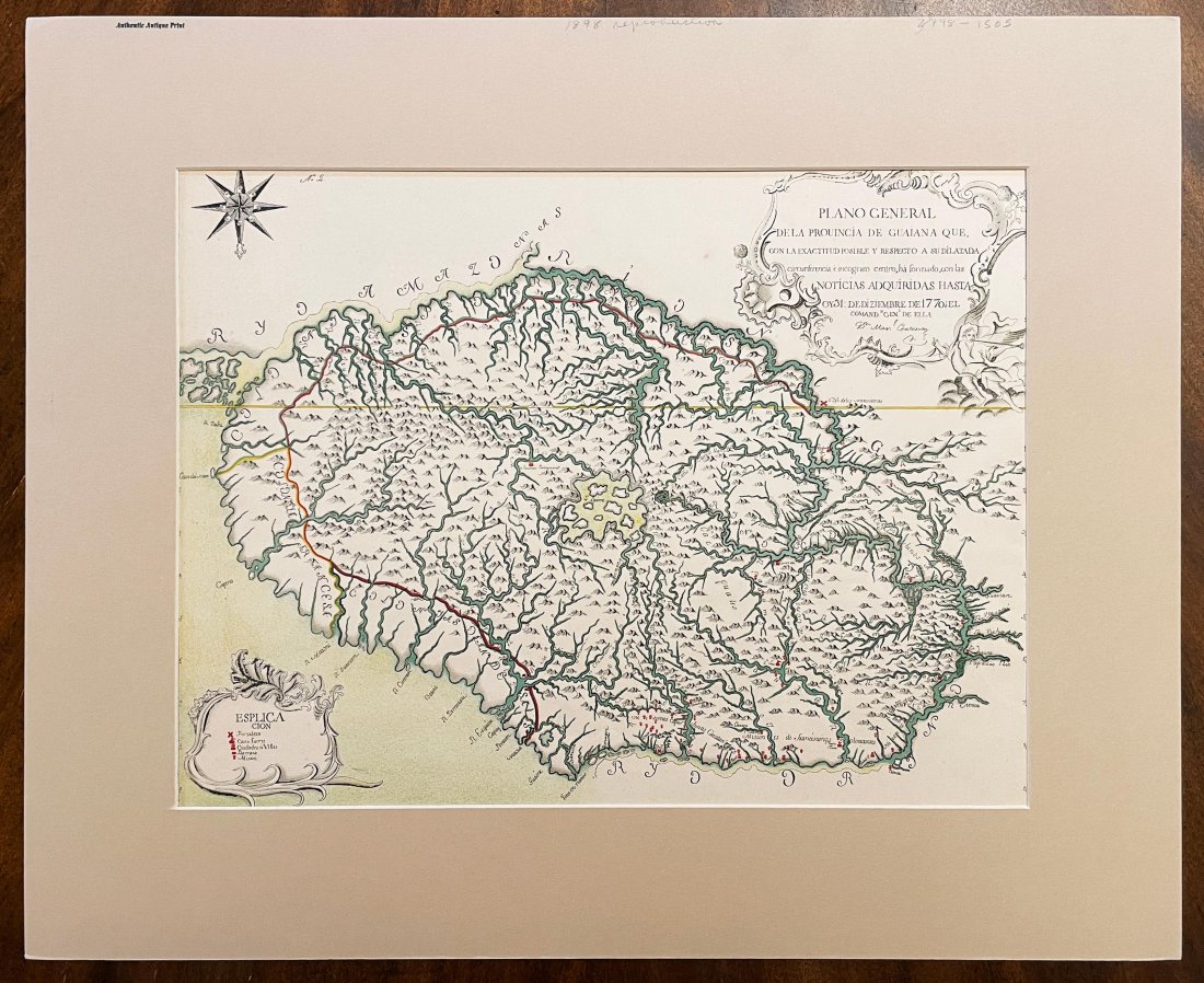 Map of Guiana PLANO GENERAL DE LA PROUINCIA DE LA Proui: Rare Antique Map of Guiana PLANO GENERAL DE LA PROUINCIA DE GUAIANA by Manuel Centurión 1770 | Inscribed with page or plate number 4 | Professionally matted | Approx. Size: 19\" W x 15.5\" H.