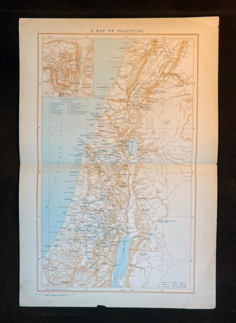 MAP OF PALESTINE & Jerusalem, Modern & Biblical Names (1 of 4)