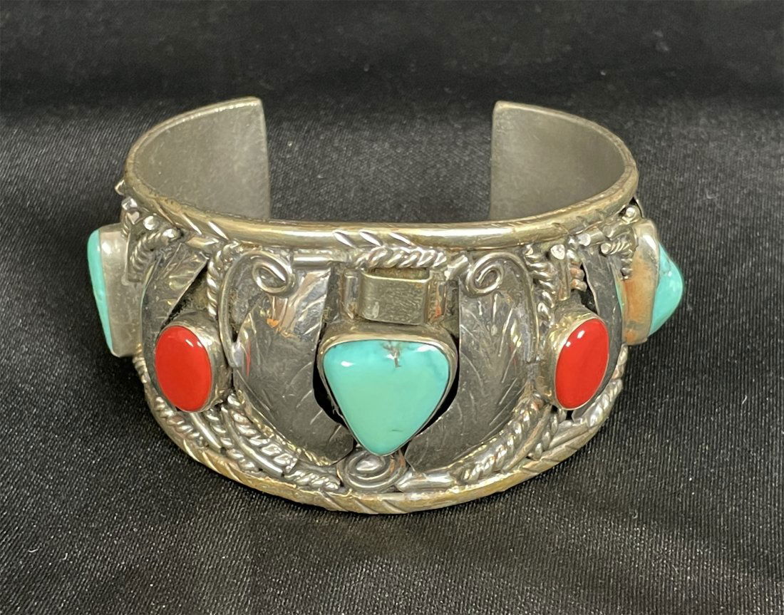 Sterling Silver Turquoise & Coral Cuff Bracelet (1 of 4)