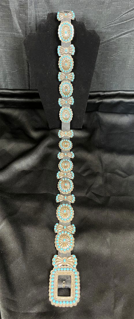 Signed Navajo Sterling Silver & Turquoise Concho Belt (1 of 5)