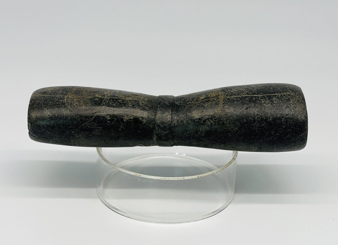 Native American Shamans Medicine Tube Biconical Pipe: Prehistoric Native American Shamans Medicine Tube Biconical Pipe | A fine example of a rare bi-conical medicine tube, hand carved dark steatite, with rare incised petroglyphs | Recovered in Tennessee