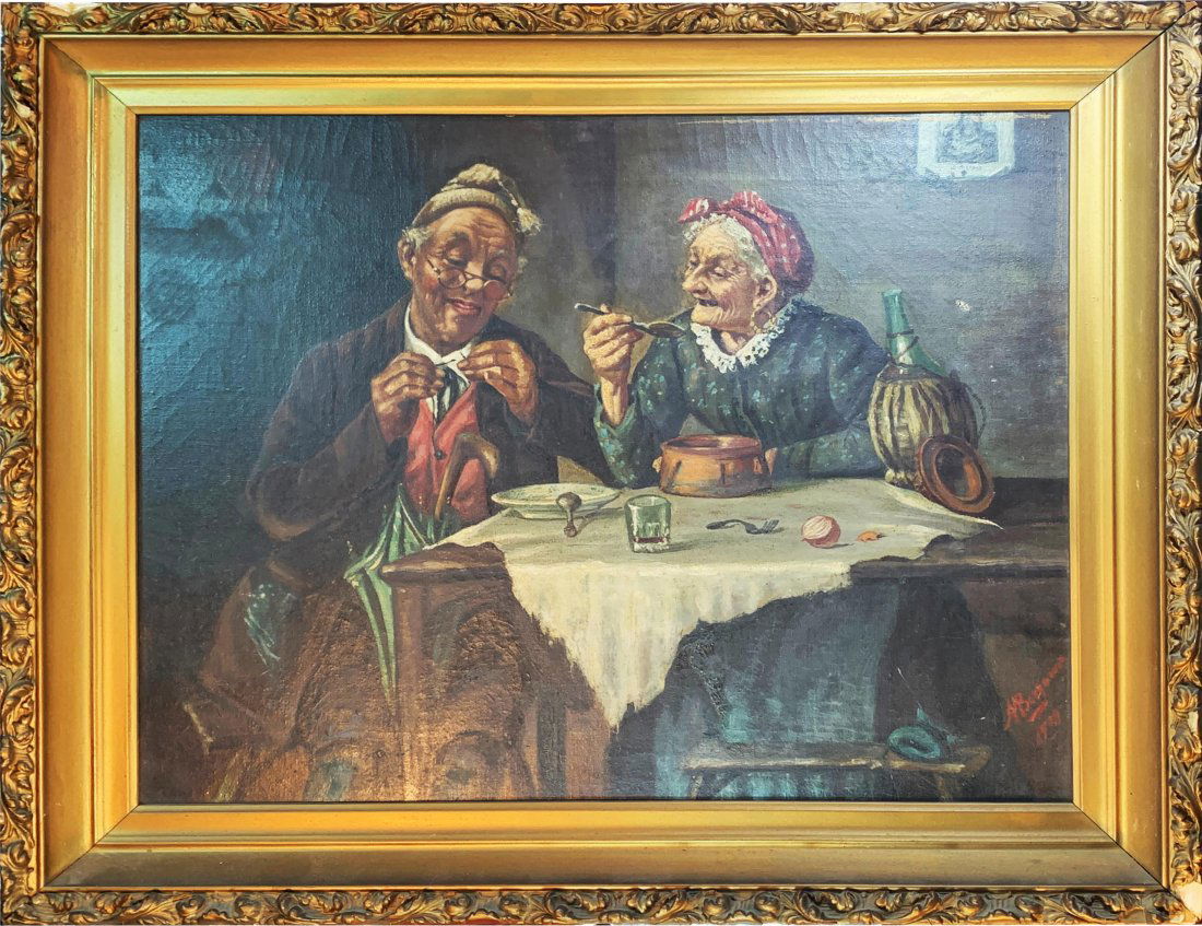 Antique German Figural Interiorscape Oil Painting (1 of 3)