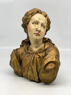 Original Hand Painted Sculpture, Bust of a Noblewoman: Hand Painted Sculpture of the Bust of a Noble Lady | Hand sculpted in plaster by American Artist Jo Mead (1919-2000) | Signed by the artist on lower back of bust | Approx. Size: 14" H x 12" W x 7.5" D