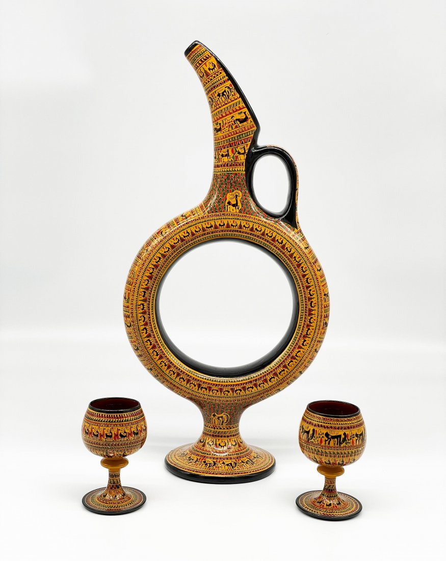 Chez Galip Handmade Turkish Hittite Wine Decanter Set: Rare Chez Galip Handmade Turkish Hittite Design Ceramic Wine Decanter Set | Exclusive Handmade & Hand-Painted Ceramic Art by Esteemed Turkish Master Potter Chez Gallop, Avanos, Cappadocia, Turkey (Ava