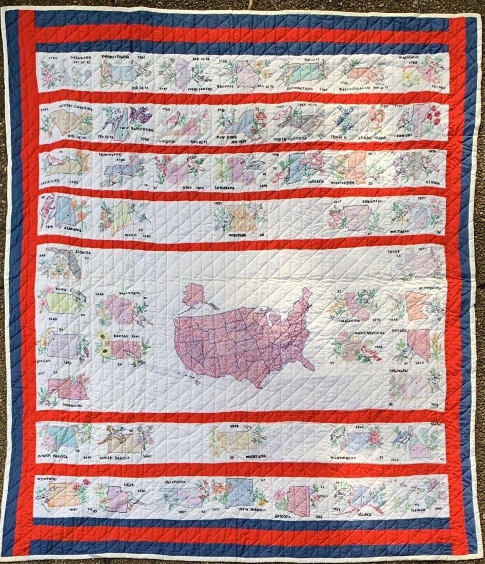 Hand Embroidered Quilt of USA States w/ State Flower and State Bird (1 of 9)