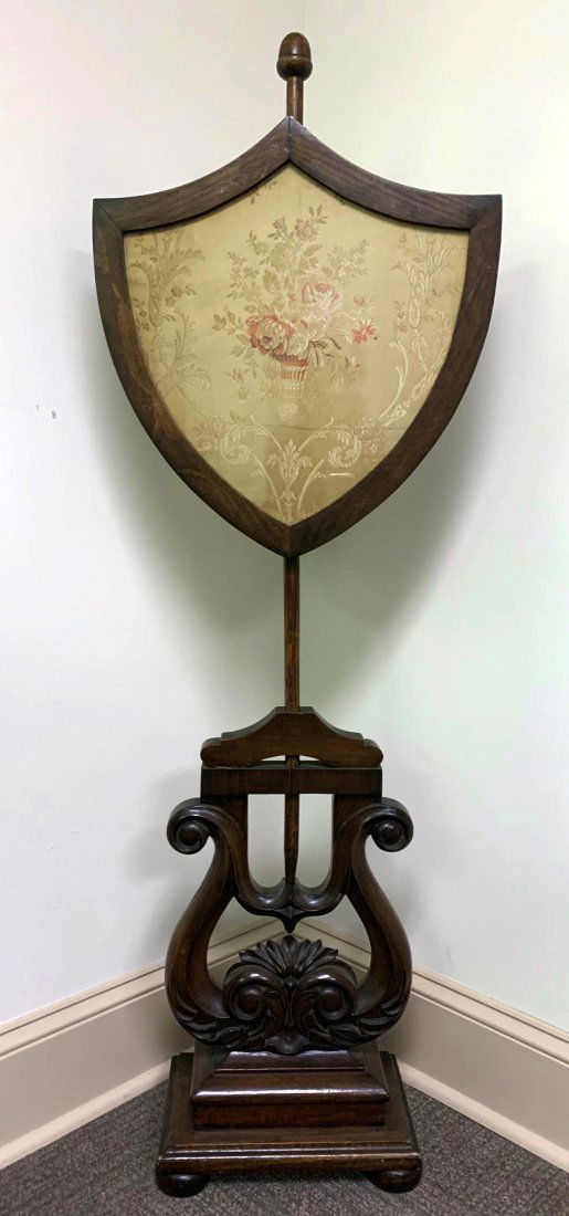 Antique 19th c. Needlepoint Fire Pole Screen in Ornate Mahogany Wood Stand (1 of 2)