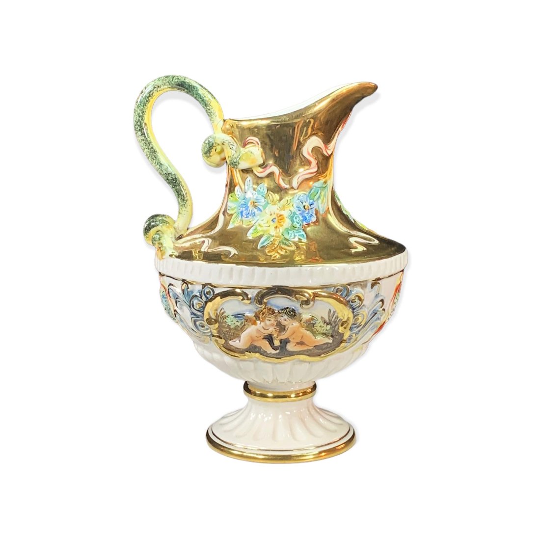 Vintage Italian R Capodimonte Porcelain Jar / Pitcher: Vintage Italian R. Capodimonte Porcelain Cream / Pitcher | Beautiful hand decorated with cherubs, flowers, and gilding | Marked on underside with crown under which is a red-headed female bust with G o