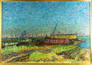 Wladyslaw Brzosko Riverscape Oil Painting RIVERSCAPE WITH BARGES, HUDSON RIVER