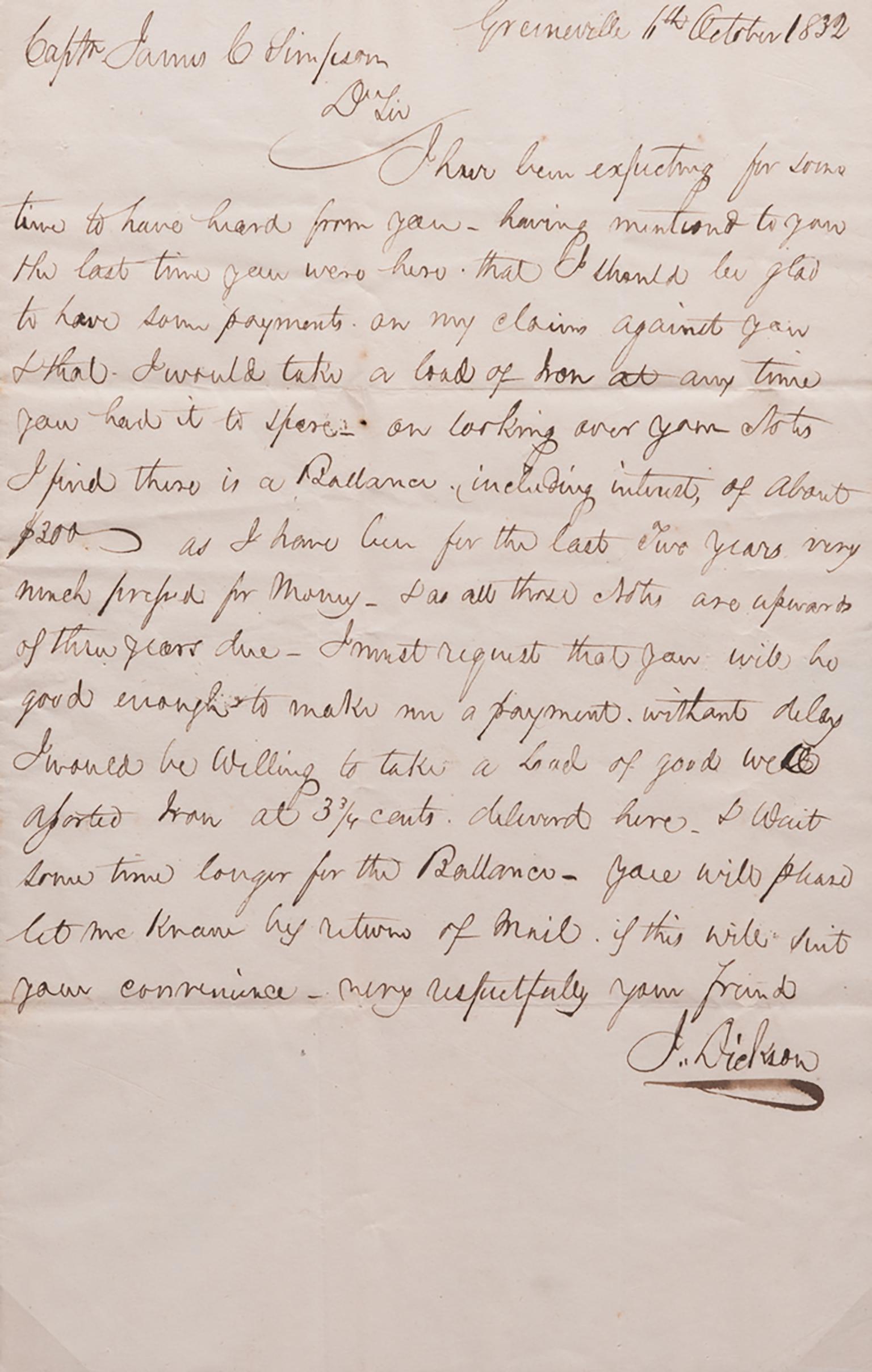 19th c. Tennessee Letter to Captain Simpson from John Dickson, brother of William Dickson (1 of 2)