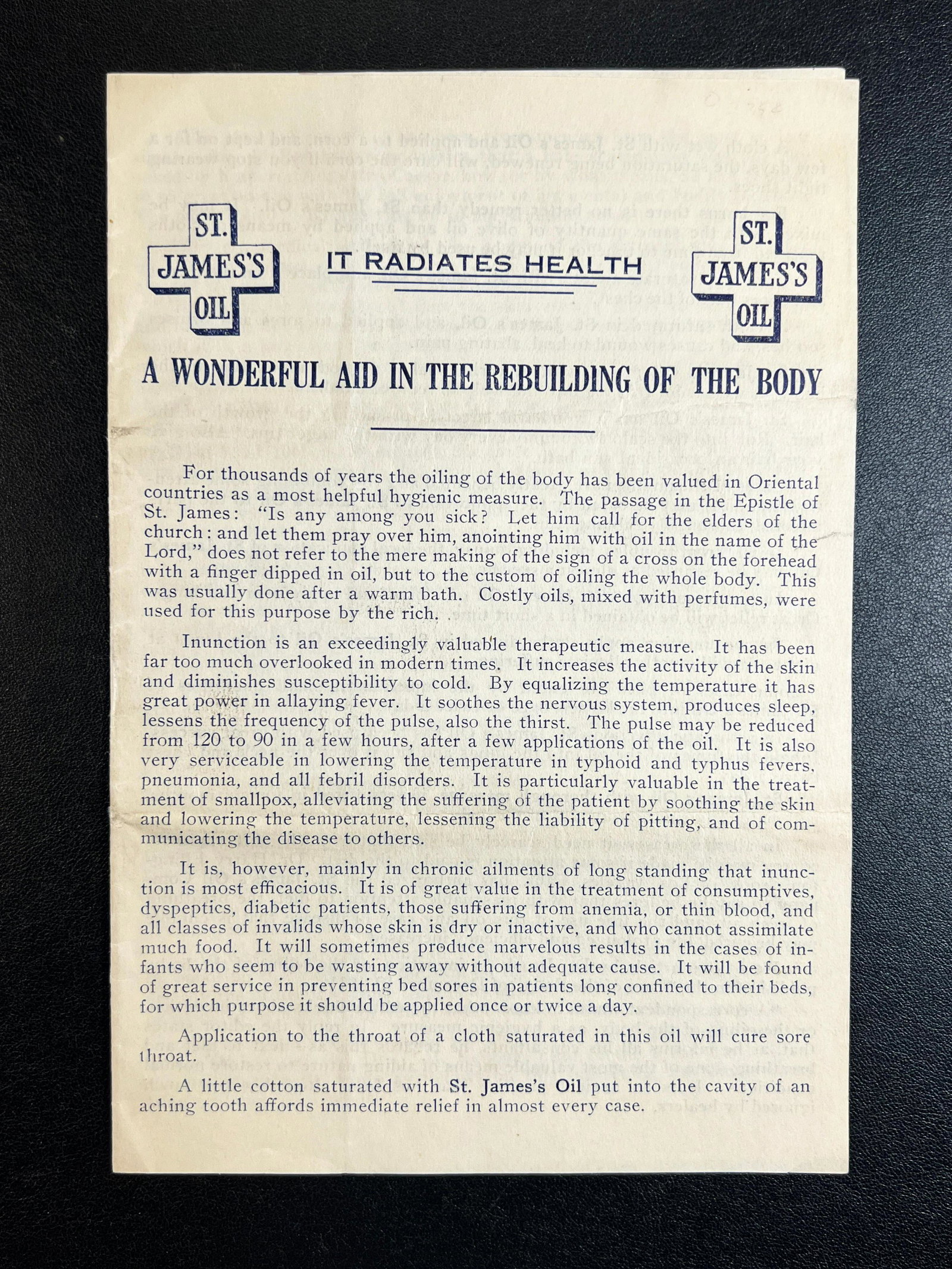 Antique Quack Medicine Pamphlet for St. James Oil: Original Antique Quack Medicine Pamphlet Entitled A WONDERFUL AID IN THE REBUILDING OF THE BODY | This 4 page printed pamphlet touts the numerous health benefits of "Inunction" - the rubbing of St. Ja