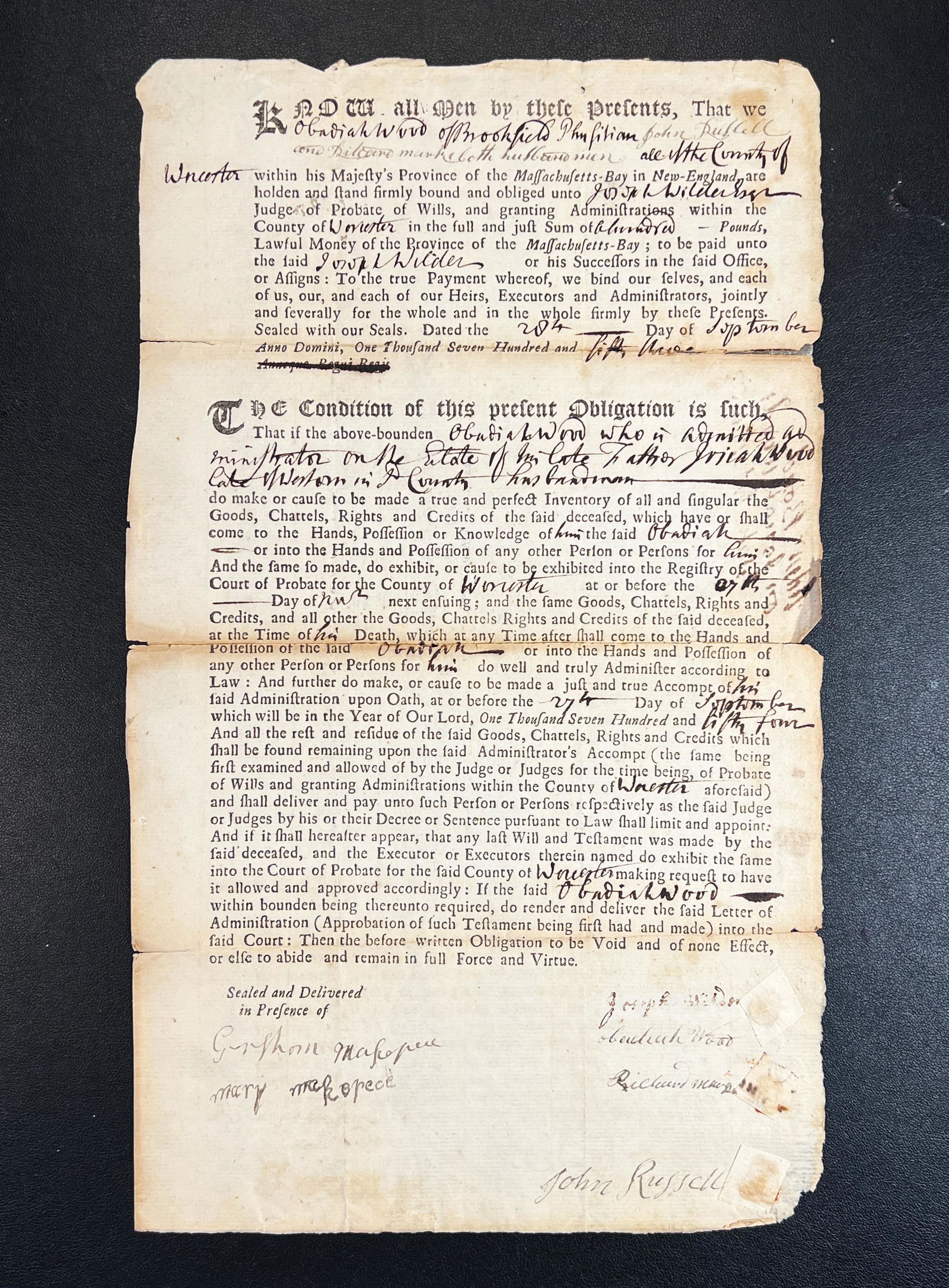 1753 American Colonial Probate Court Document, Massachusetts Bay (1 of 8)