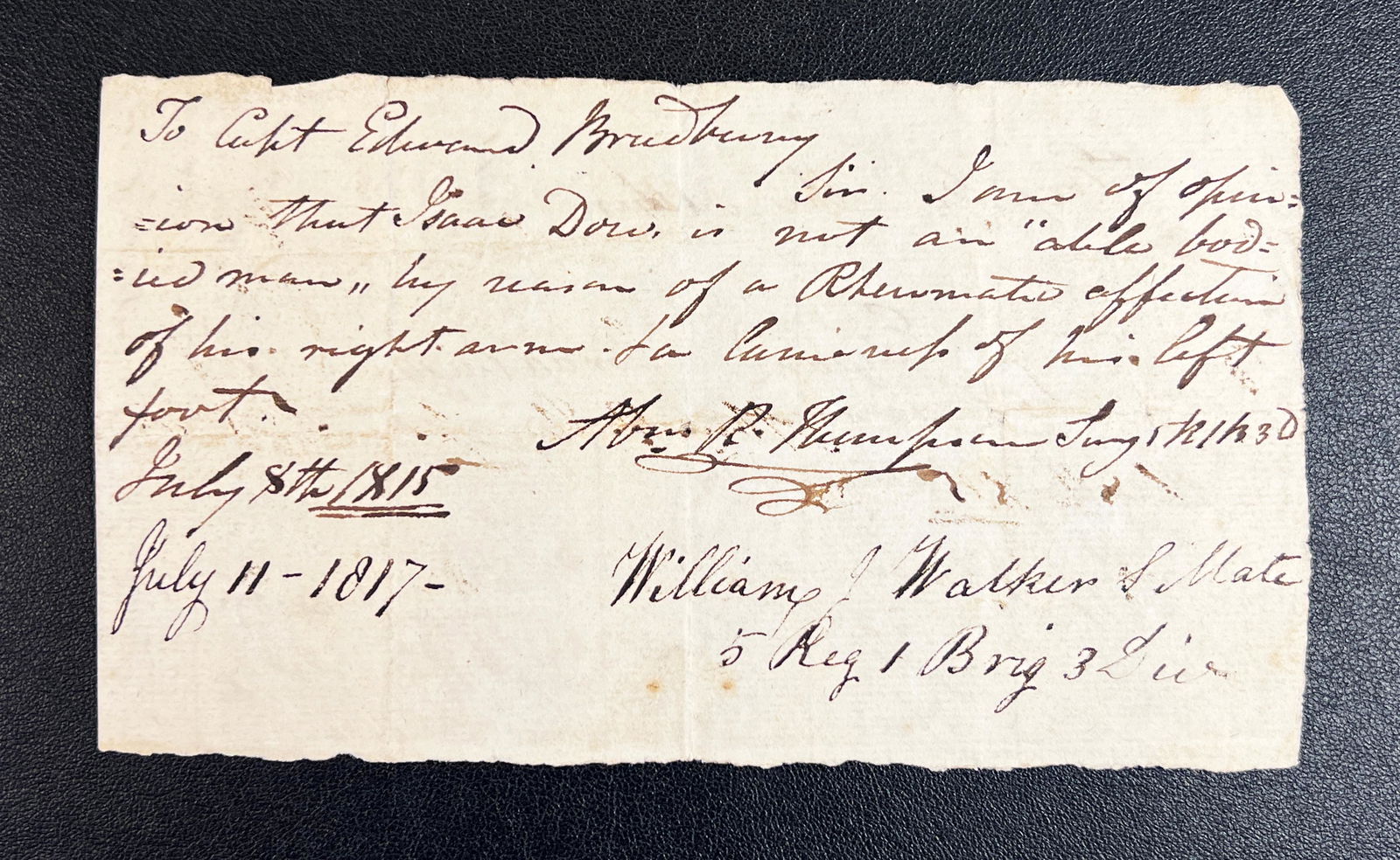 Signed War of 1812 Medical Waiver for Isaac Dow (1 of 3)