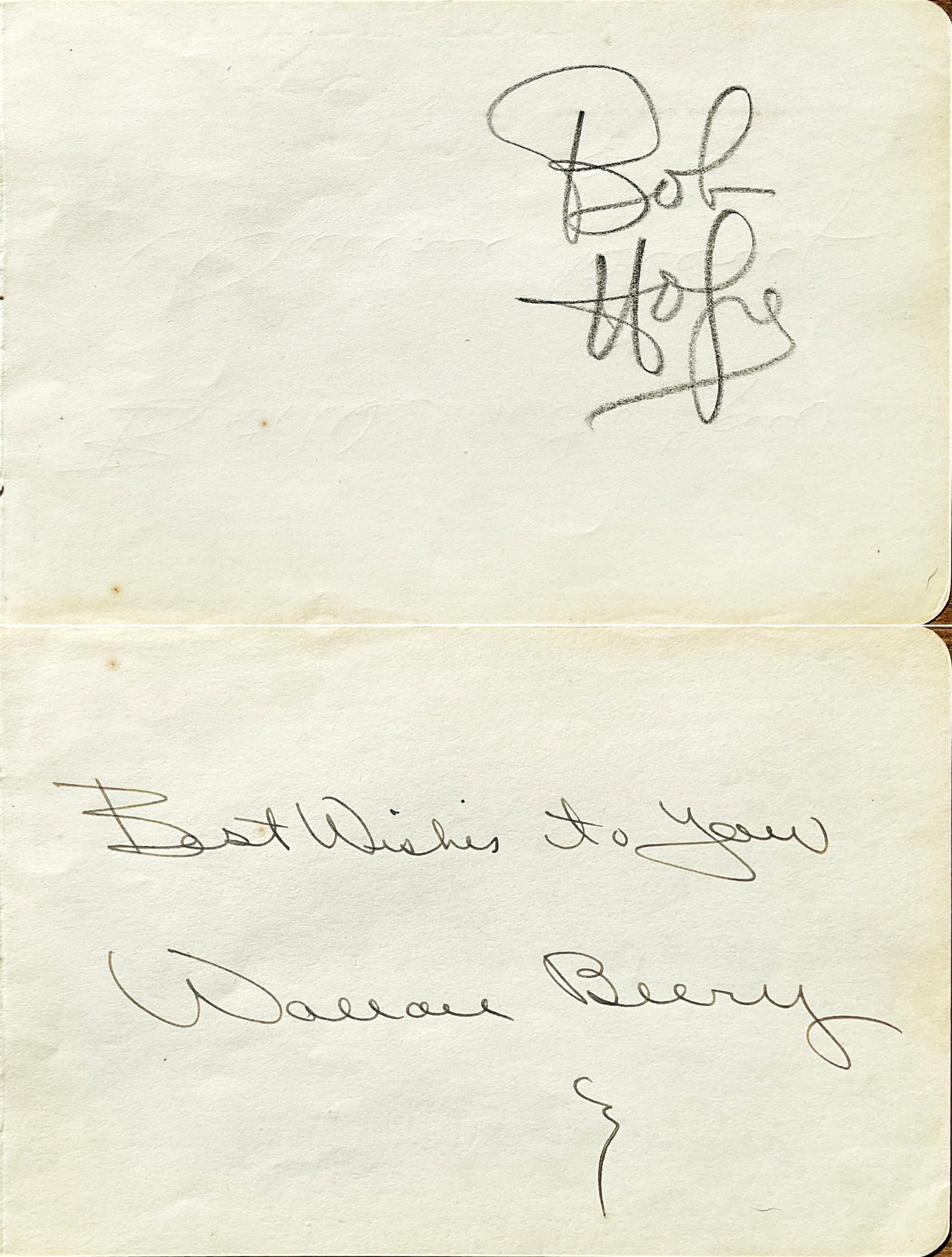 Bob Hope & Wallace Berry Autograph Signatures: Bob Hope & Broderick Crawford Autograph Signatures on opposite sides of an autograph album page. Broderick Crawford's signature includes a valediction. Bob Hope: Leslie Townes "Bob" Hope (May 29, 