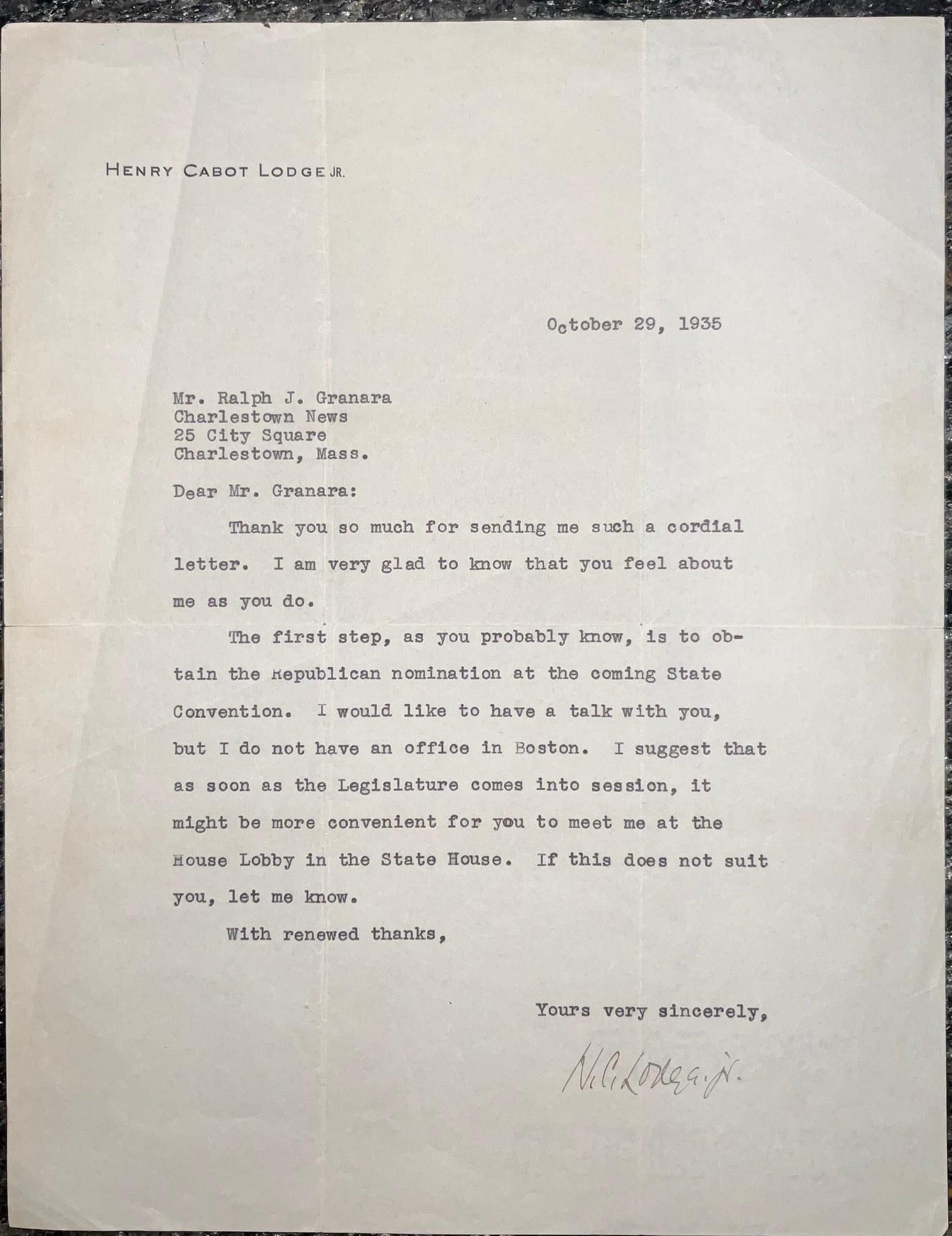 Henry Cabot Lodge, Jr., 1935 (as U.S. Senator), T.L.S. - Typed letter signed, on personal stationary (1 of 1)