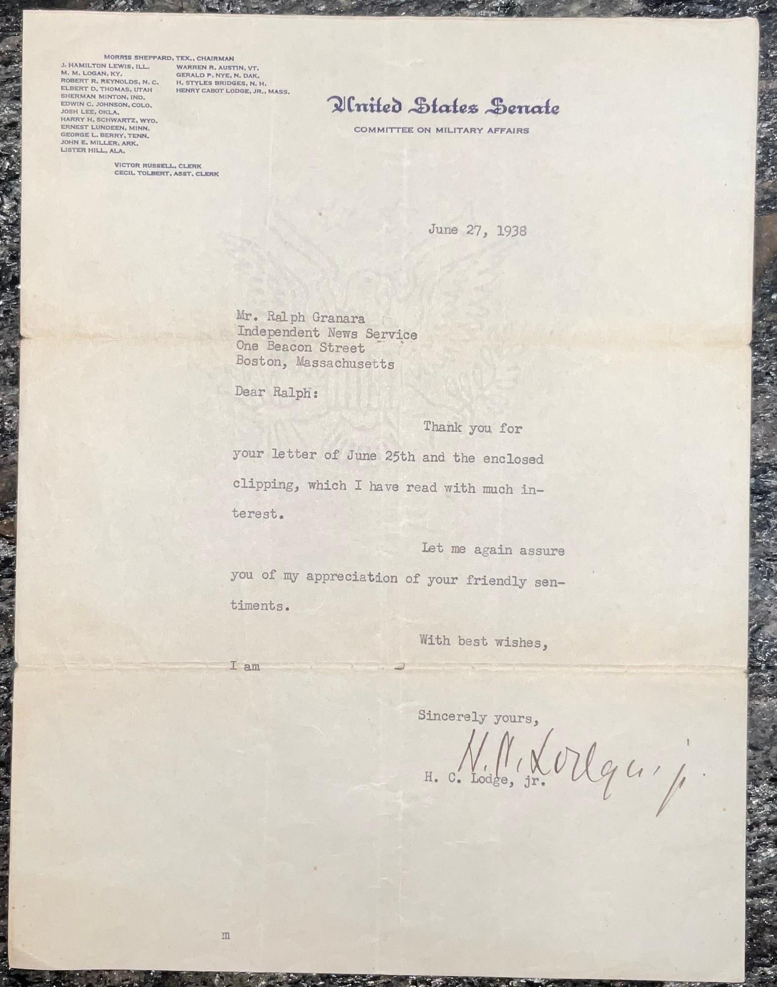 Henry Cabot Lodge, Jr., 1938 (as U.S. Senator), T.L.S. - Typed letter signed, on Senate stationary (1 of 1)