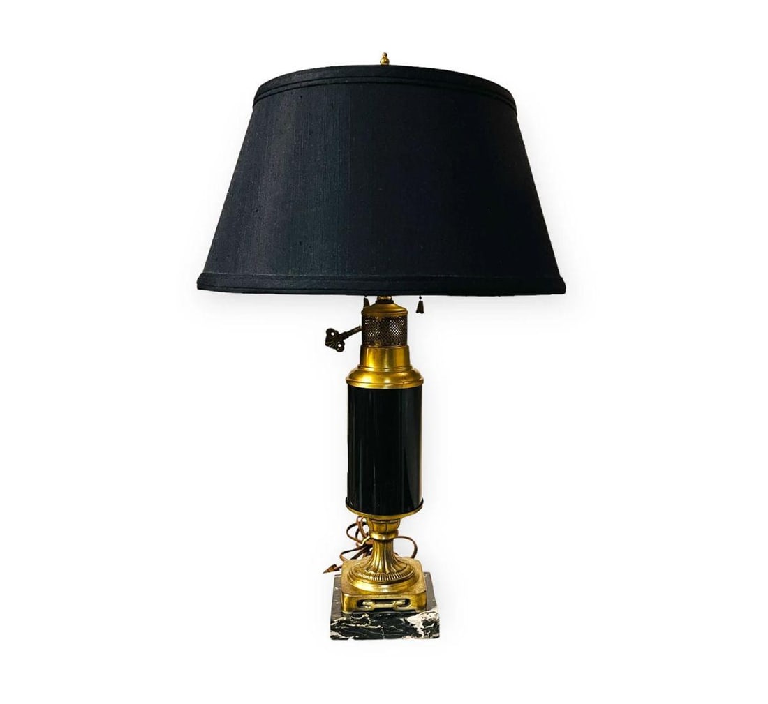 Antique Genuine Double Light Converted Oil Table Lamp: Antique Authentic Converted Oil Table / Desk Lamp with two lights and separate pull chains | Original brass furniture and mounts; marble base | Approx. Size: 19" Height, 13" Width | Very good + condit