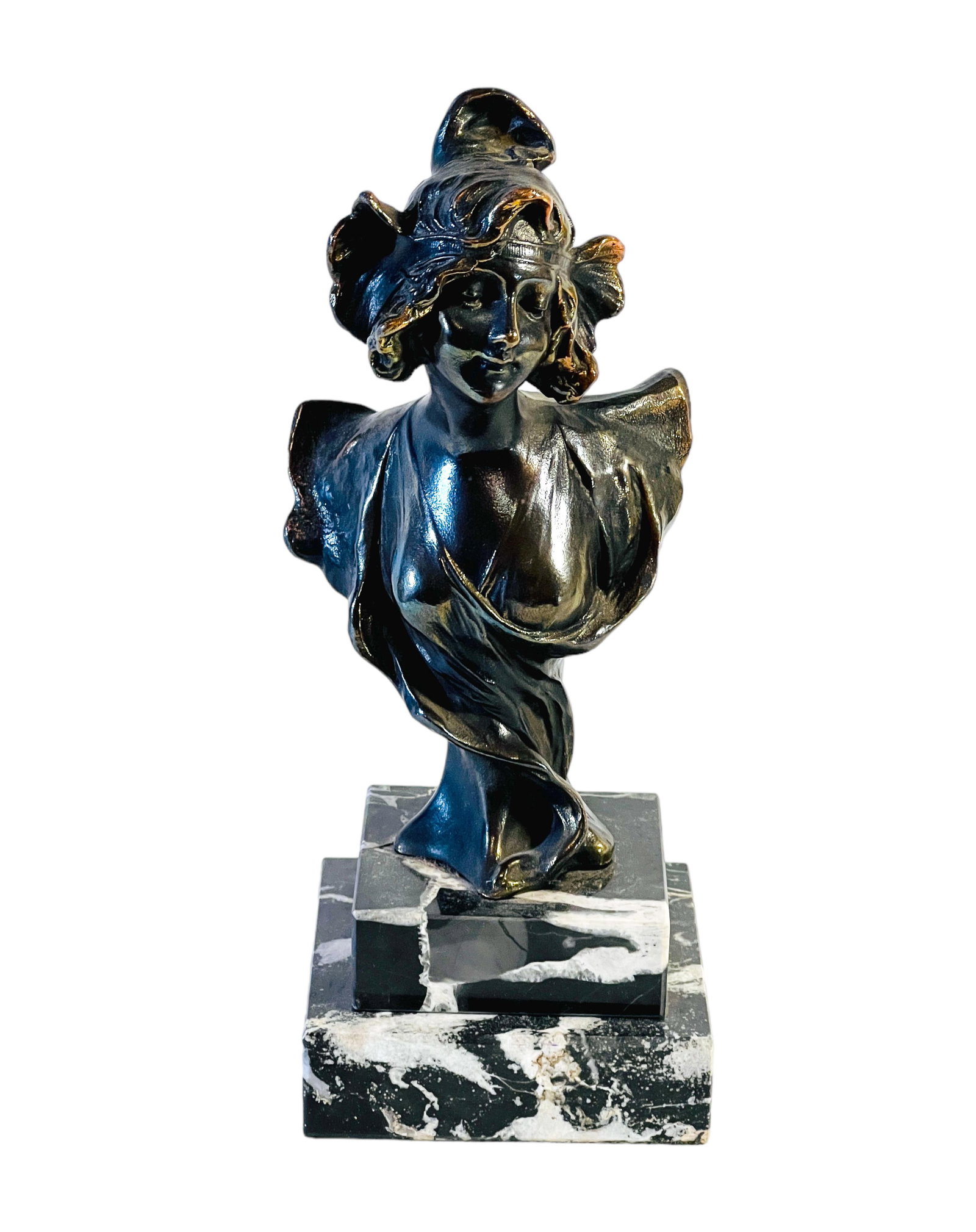 Art Nouveau Bronze Female Bust After Henry Jacobs RUE DE PLAISIR: Art Nouveau Bronze Female Bust Sculpture After Henry Jacobs RUE DE PLAISIR | Signed "H Jacobs | Sculpture supported by a Marble Plinth | Approx. Size 8" H x 4" W.