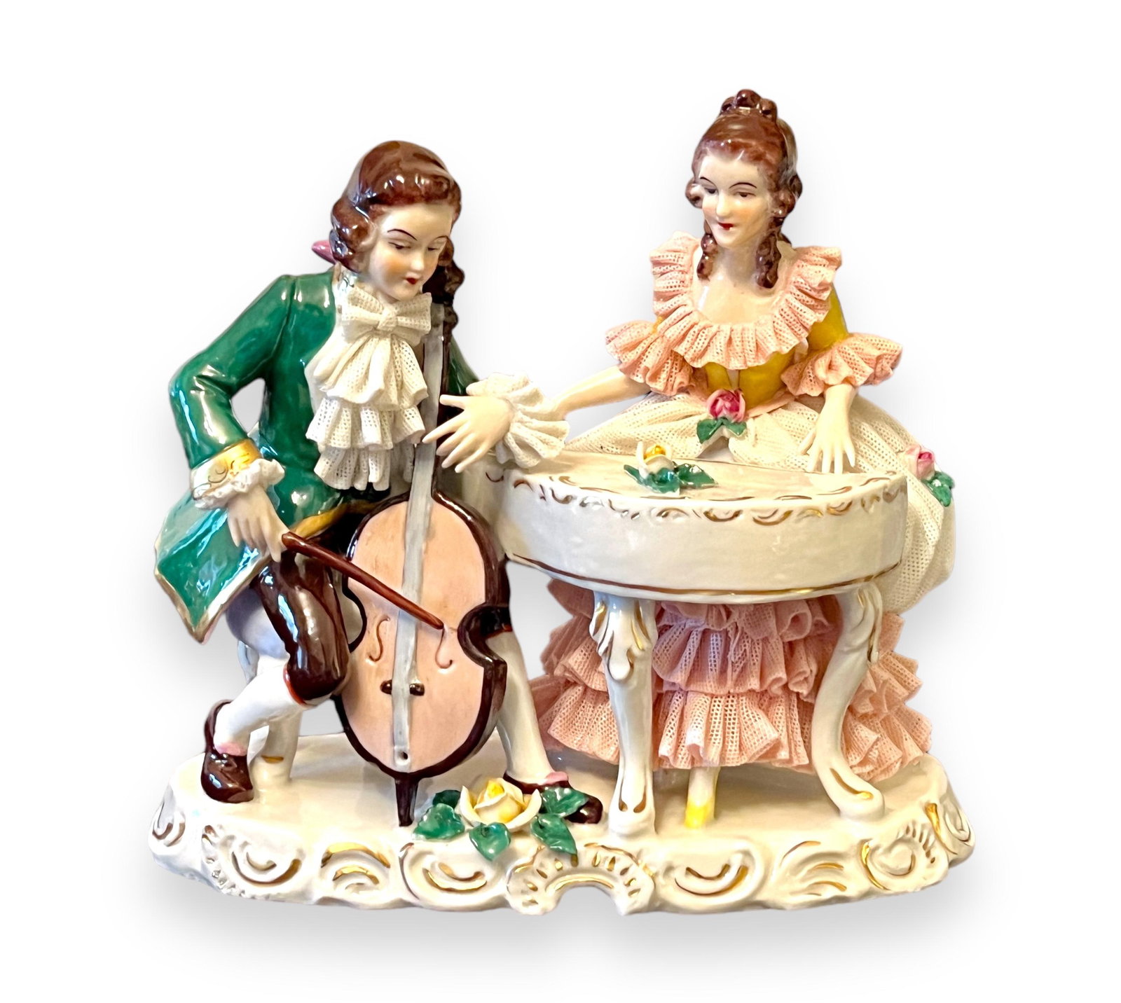 Antique German Porcelain Victorian Figurines, Dresden Drape Lace (1 of 5)