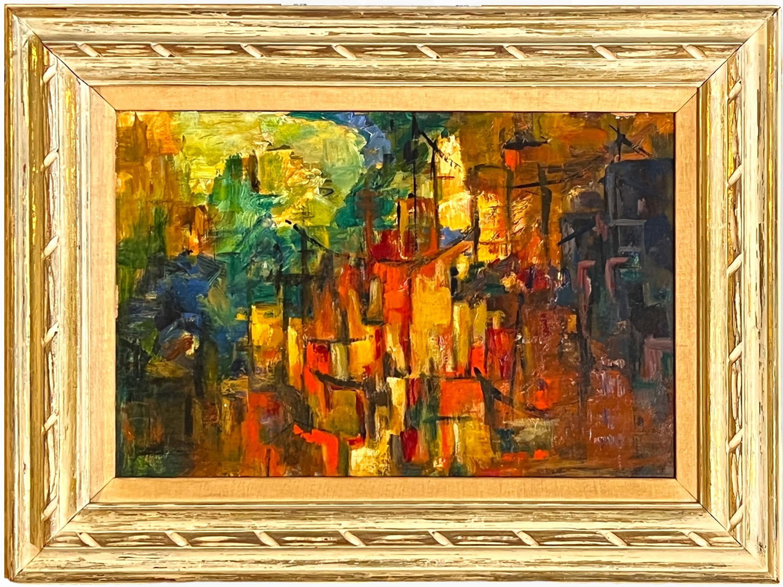 Modern Abstract Oil Painting After Paul Klee: Modern Abstract Oil Painting by well-listed Danish artist Anne Vilsböll (Denmark, 1951), after / in the manner of Paul Klee (1879 – 1940) | Oil on Board | Housed in a carved distressed wood frame w