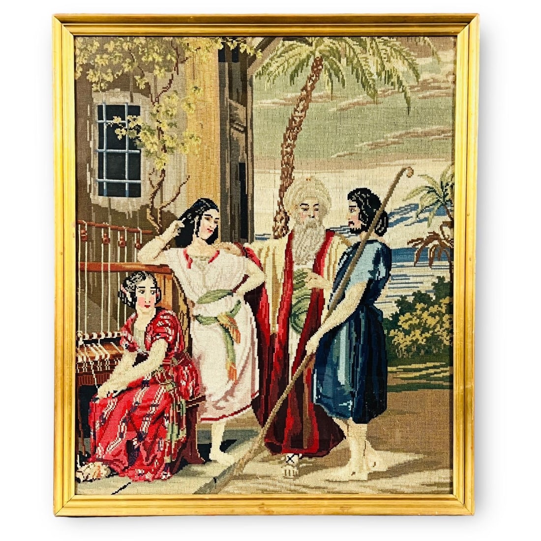 Antique 19th c. Figural Needlepoint of Biblical Scene (Laban, Leah, Rachel & Jacob' Gen. 29) (1 of 4)
