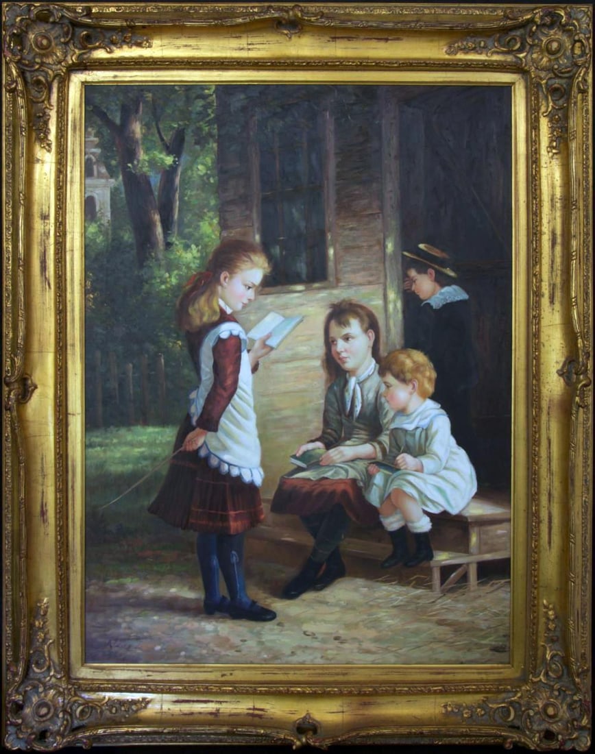 Large Portrait Oil Painting by Sergi Alice After William Hahn CHILDREN PLAYING SCHOOL (1 of 4)