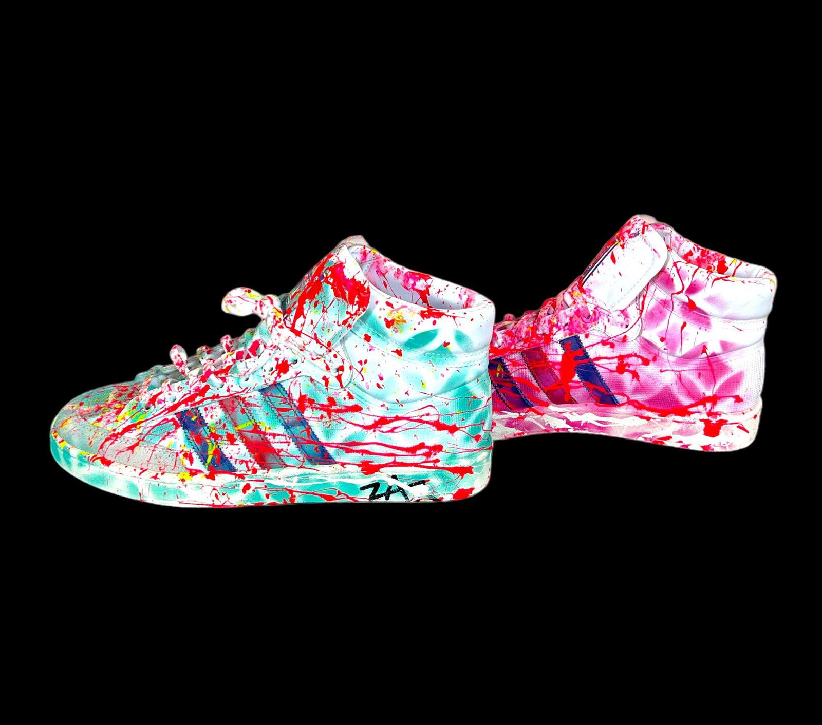 E.M. Zax Original One-of-a-Kind Hand Painted "Sneakers": One-of-a-kind hand painted "Sneakers" sculpture by E.M. Zax | Hand painted pair of Size 9.5 Americana Hi (High Top) Adidas Sneakers. Signed by the artist "ZAX" on side of sole. Includes Letter of Auth