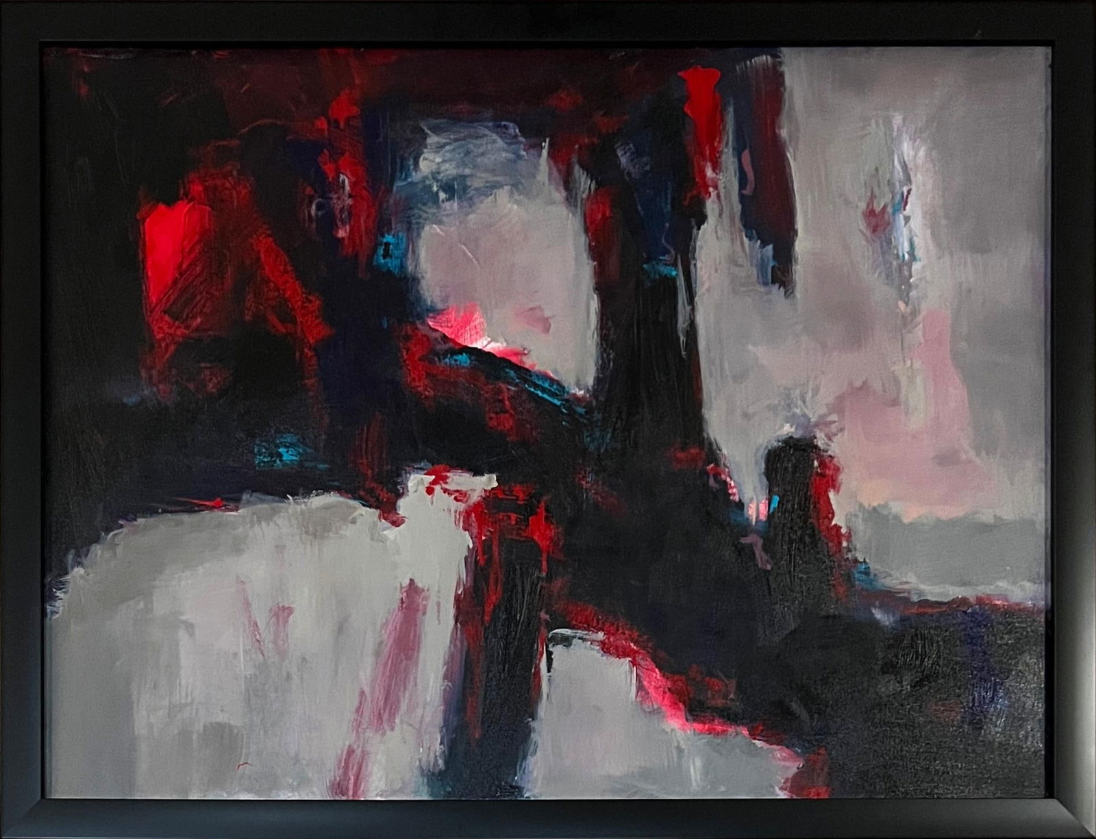Michael Schofield Modern Abstract Oil Painting: Modern Abstract Oil Painting by well-listed artist Michael Schofield | Oil on Canvas | Signed by the artist in black marker on verso | Housed in a modern black wood frame | Approx. Size: 42.75" W x 32