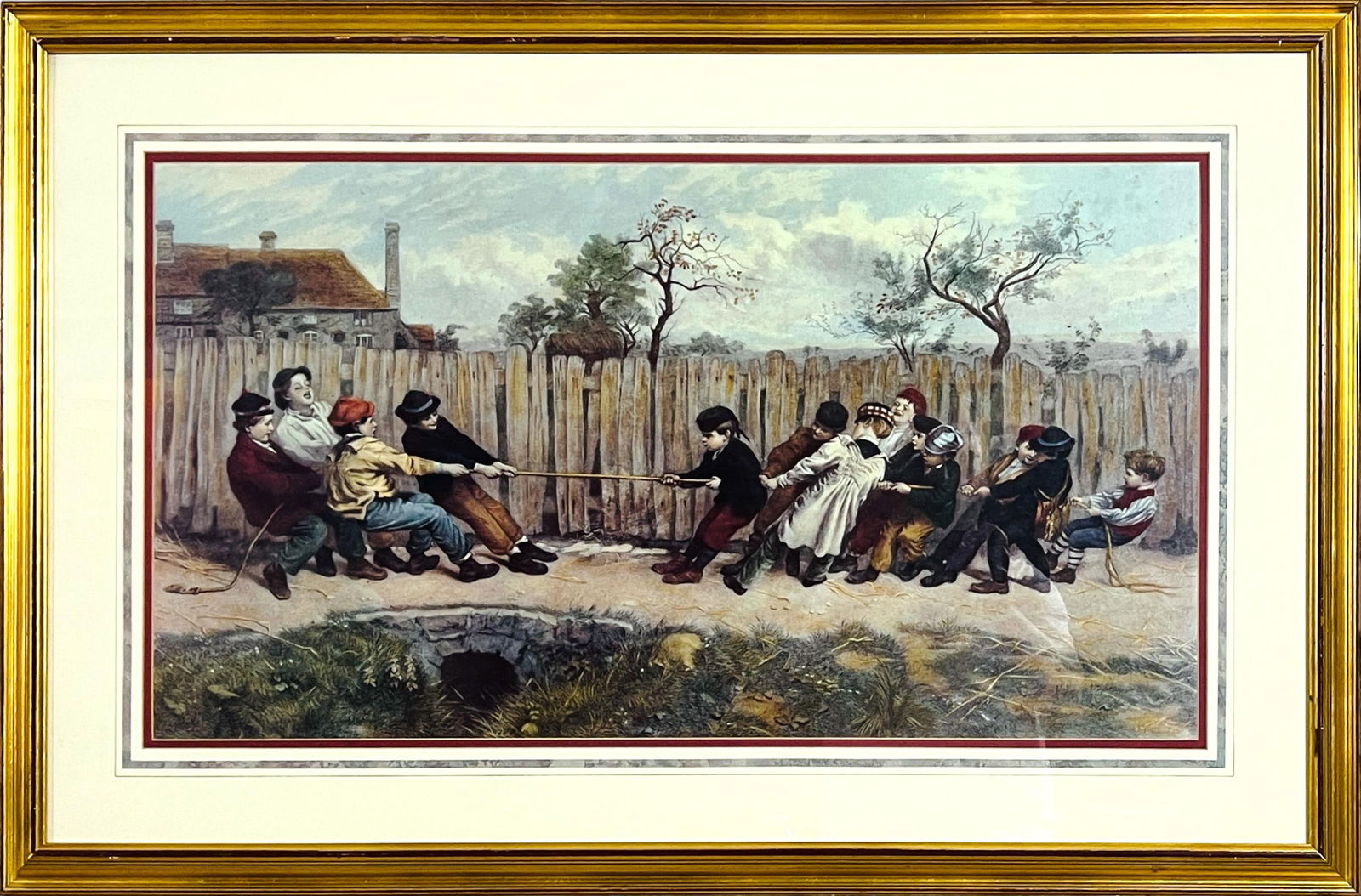 Figural Engraving by R & D Josey TUG OF WAR After John Morgan: Very Nice Color Engraving by R & D Josey Entitled TUG OF WAR After John Morgan. Matted and framed under glass. Approx. Size: 41.5" W x 27" H x 1.5" D.