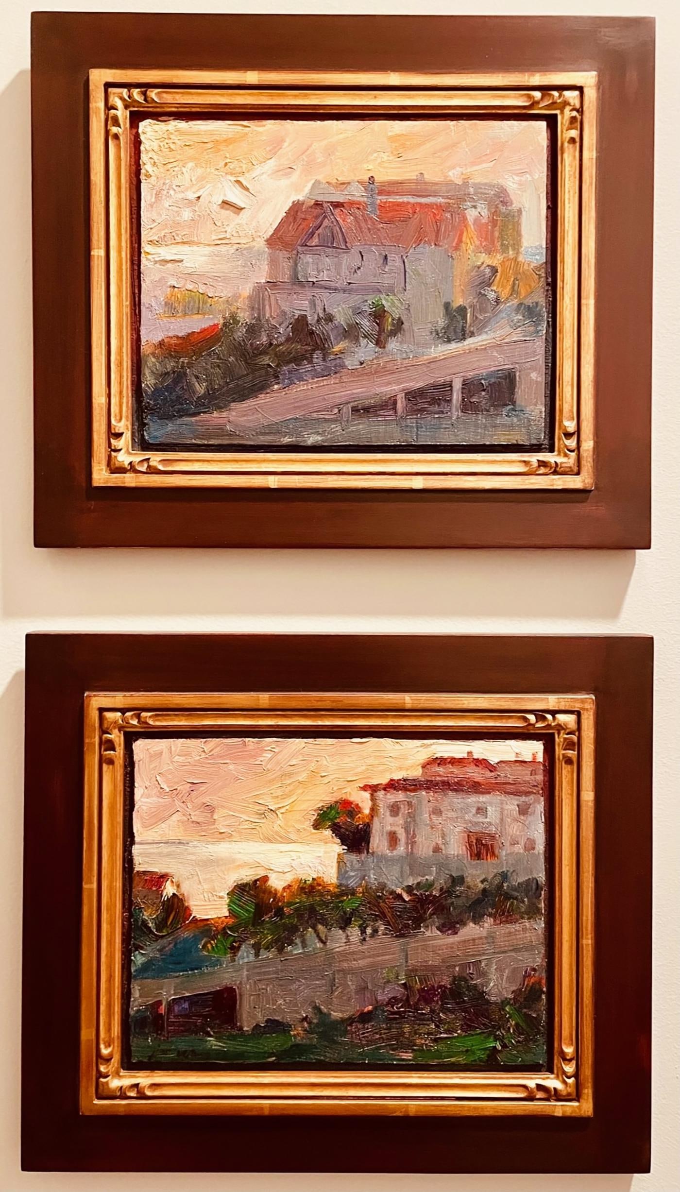 Pair of Paintings from "Golden Autumn" Collection by Jian Wang: Set of paintings "Golden Autumn" by Jian Wang. This breathtaking collection of paintings captures the essence and beauty of the autumn season. Each piece in this series depicts the vibrant and warm co