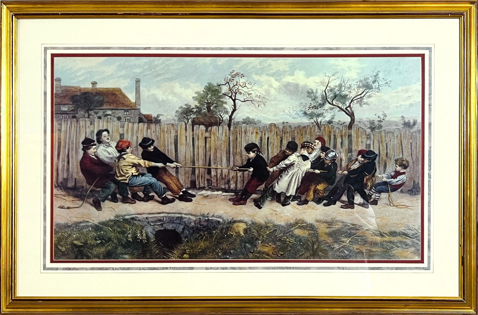 Figural Engraving by R & D Josey TUG OF WAR After John Morgan: Very Nice Color Engraving by R & D Josey Entitled TUG OF WAR After John Morgan. Matted and framed under glass. Approx. Size: 41.5" W x 27" H x 1.5" D.