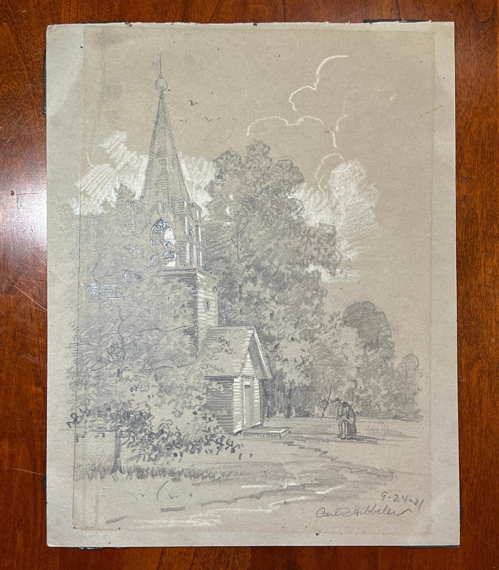 Carl Hibbeler Drawing / Painting of RURAL CHURCH: Original Drawing / Painting Entitled RURAL CHURCH by well listed American artist Carl Hibbeler | Graphite and Watercolor Wash on Paper | Depicting exterior front of a rural church | Signed and dated b