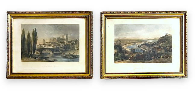 Pair of Antique 1841 Thomas Allom Hand-Colored Engravings: Pair of Antique 1841 Thomas Allom Hand-Colored Engravings: 1) View of Auch - Midi-Pyr?n?es (Gers - France) - Original steel engraving drawn by Pair of Antique 1841 Thomas Allom Hand-Colored Engravings