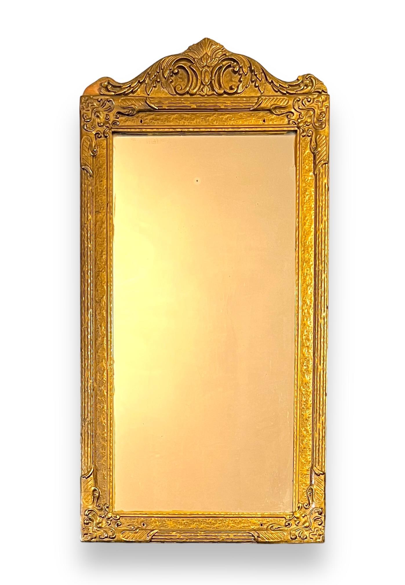 Antique Gold Gesso Wood Wall Mirror: Antique Gold Gesso Wood Wall Mirror with original antique glass. Approx. Size: 31" H x 15" W.