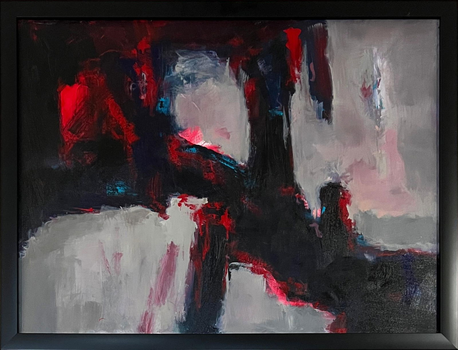 Michael Schofield Modern Abstract Oil Painting: Modern Abstract Oil Painting by well-listed artist Michael Schofield | Oil on Canvas | Signed by the artist in black marker on verso | Housed in a modern black wood frame | Approx. Size: 42.75" W x 32