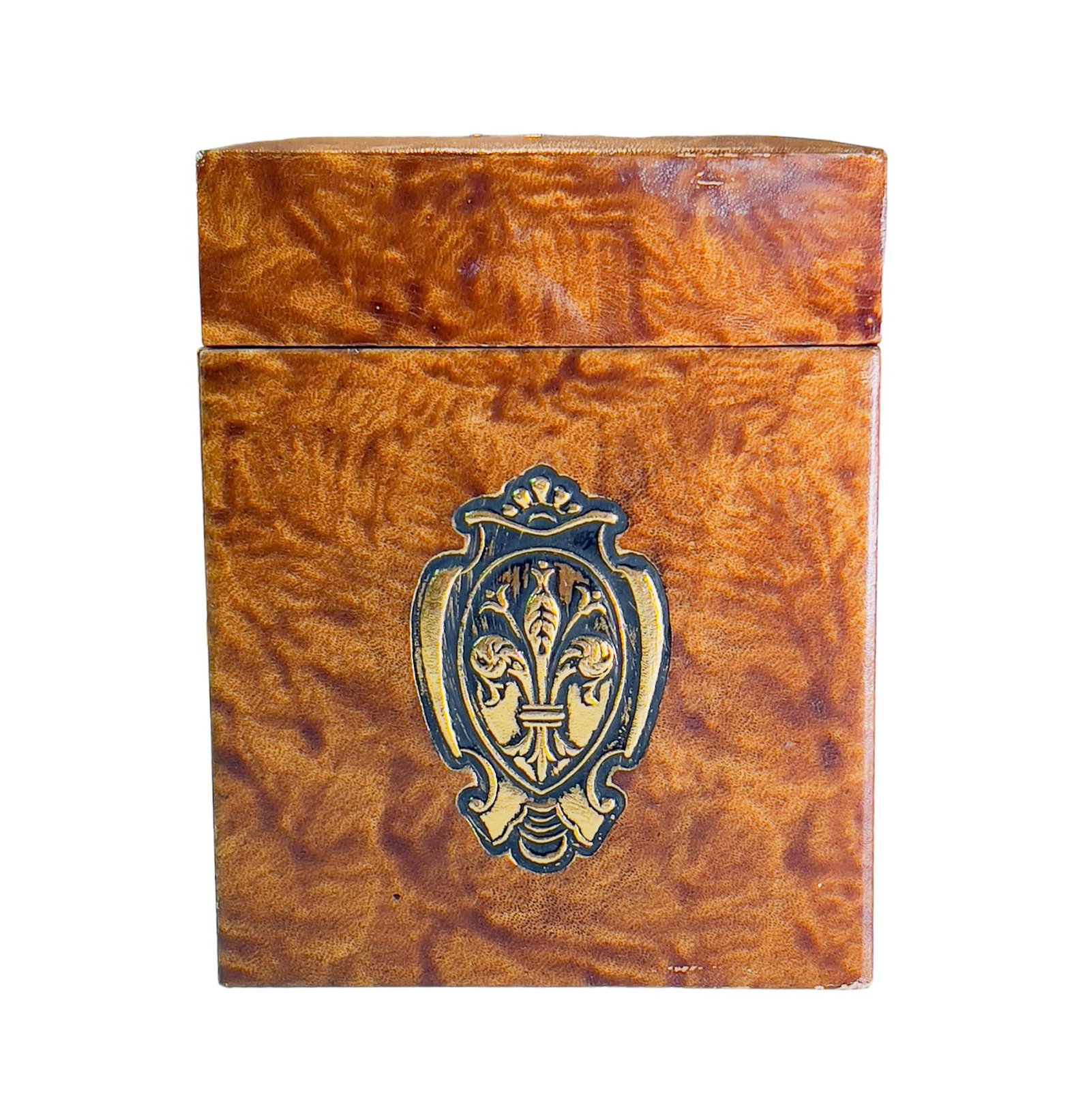 Leather Cedar Lined Humidor Case: Leather Cedar Lined Humidor Case - Decorated with Gold Embossed Coat of Arms | Approx. Size: 7" H x 5.5" W x 5.5" D.