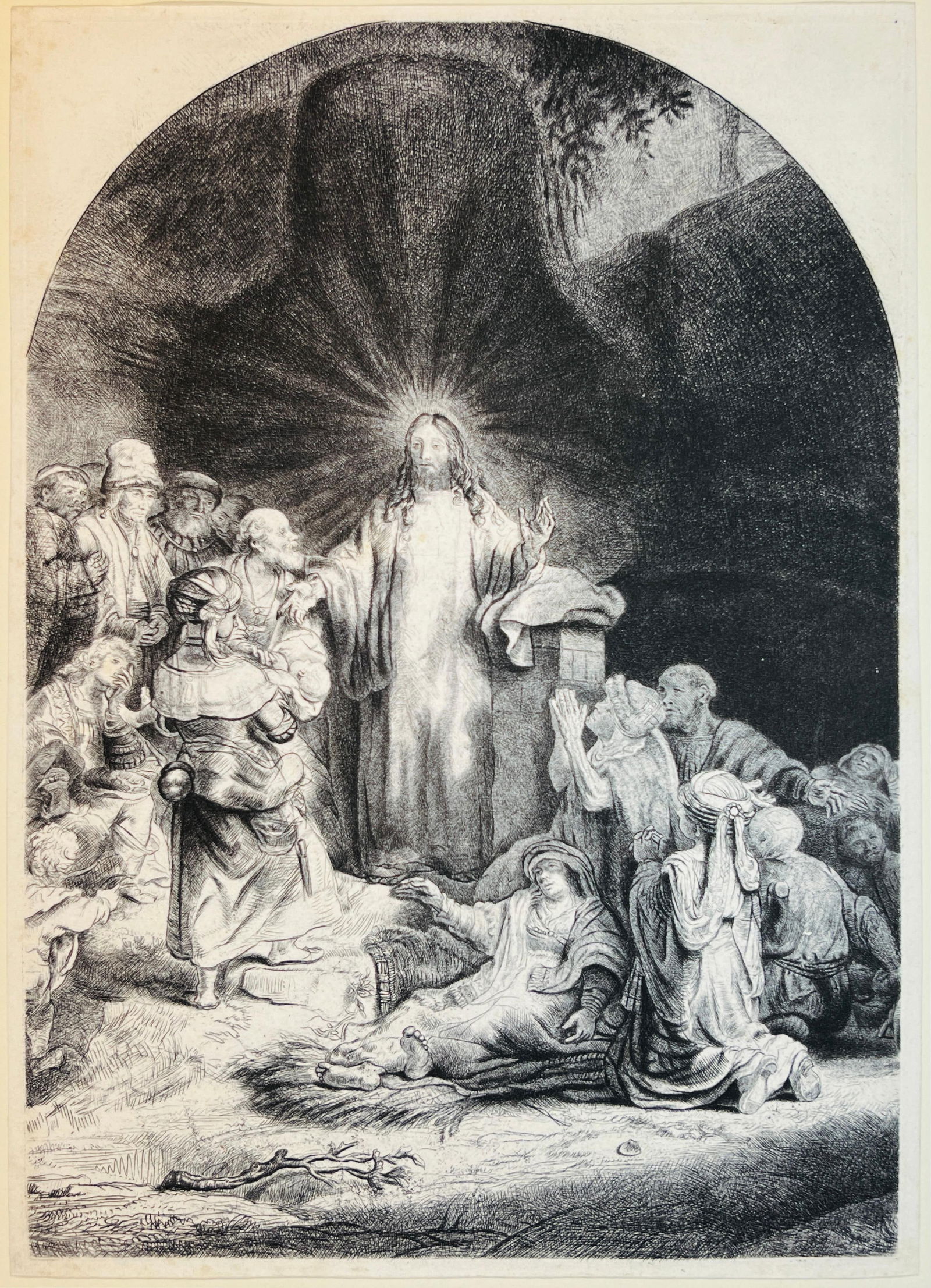 Rembrandt Etching CHRIST PREACHING AND HEALING: Etching with drypoint and engraving entitled CHRIST PREACHING AND HEALING by / after Rembrandt van Rijn (Dutch, 1606 - 1669) and William Baillie (Irish, 1723 - 1792) (Orig. fragment from the Hundred G