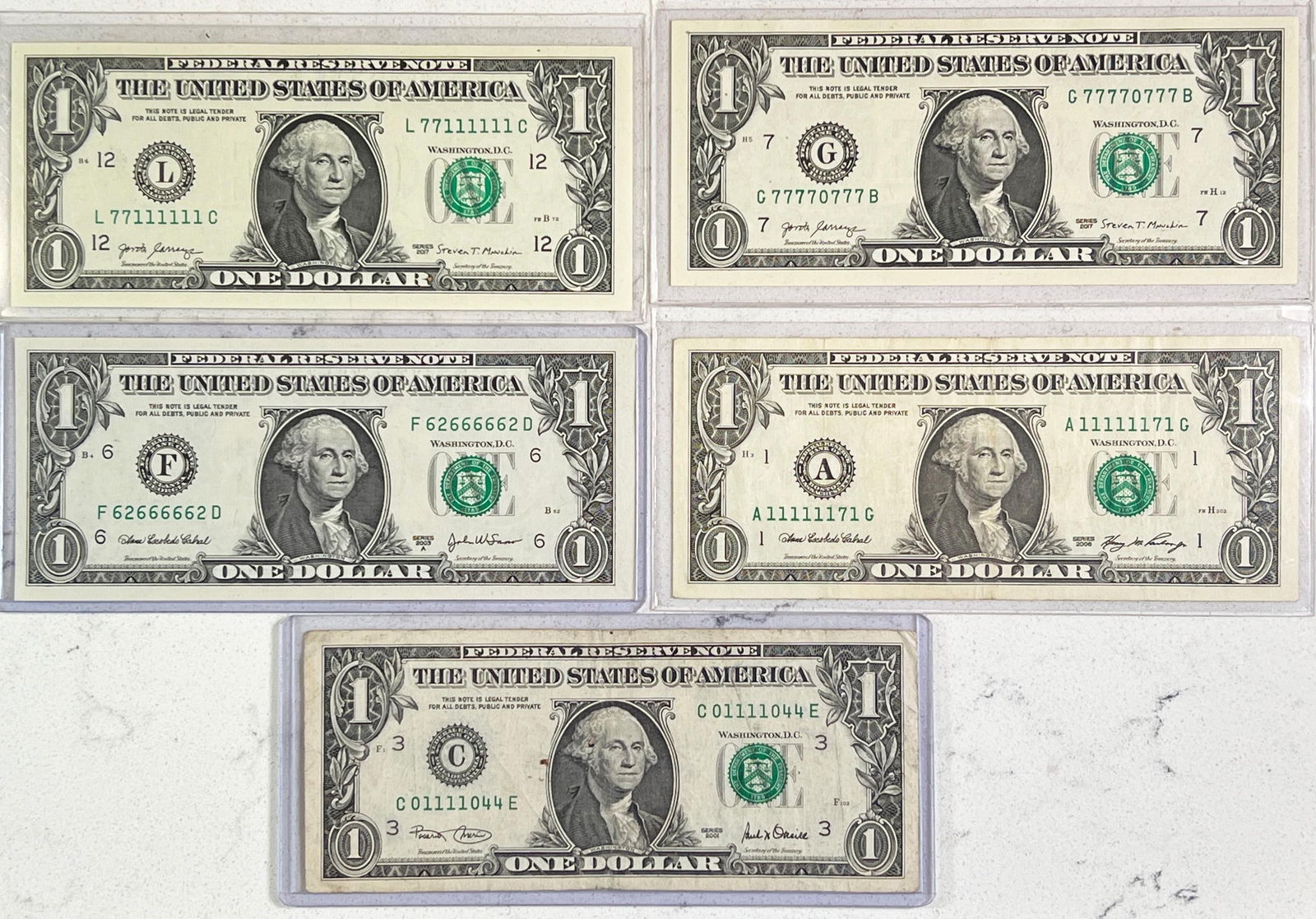 Set of 5 U.S. $1 Bank Notes w/ Unique Serial Numbers (1 of 2)