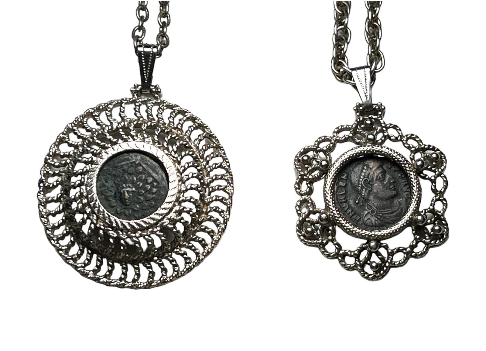 2 Ancient Bronze Coin Pendant Silver Necklaces (Greek & Roman) (1 of 6)