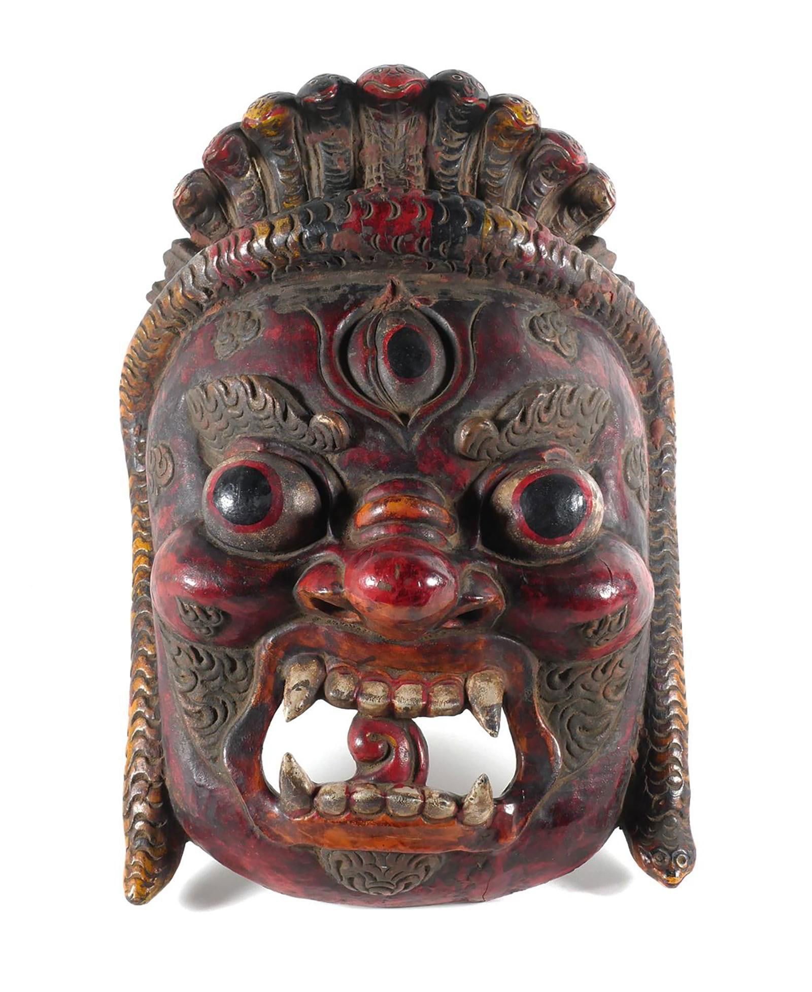 Antique Tibetan Carved Wood Red Ceremonial Mask (Cham Ritual) (1 of 4)