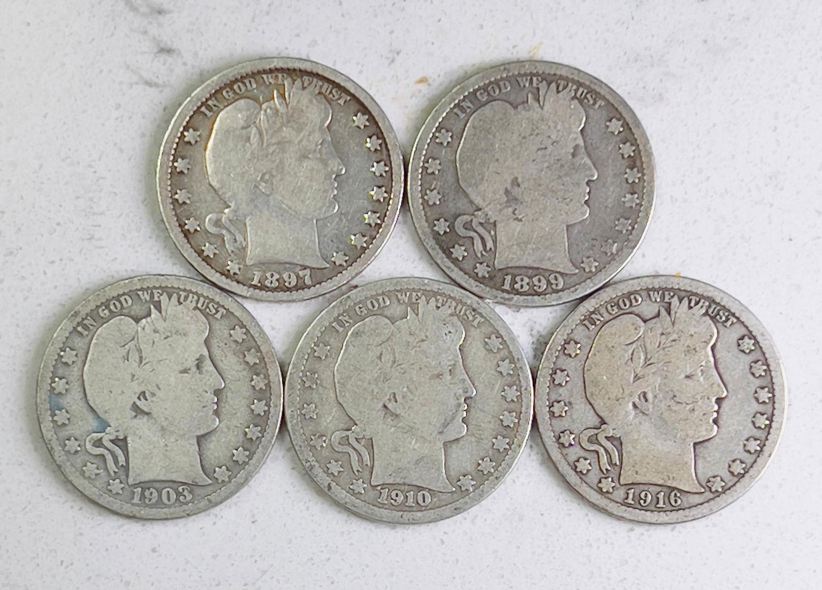 Set. of 5 U.S. Silver Barber Quarters (1 of 2)
