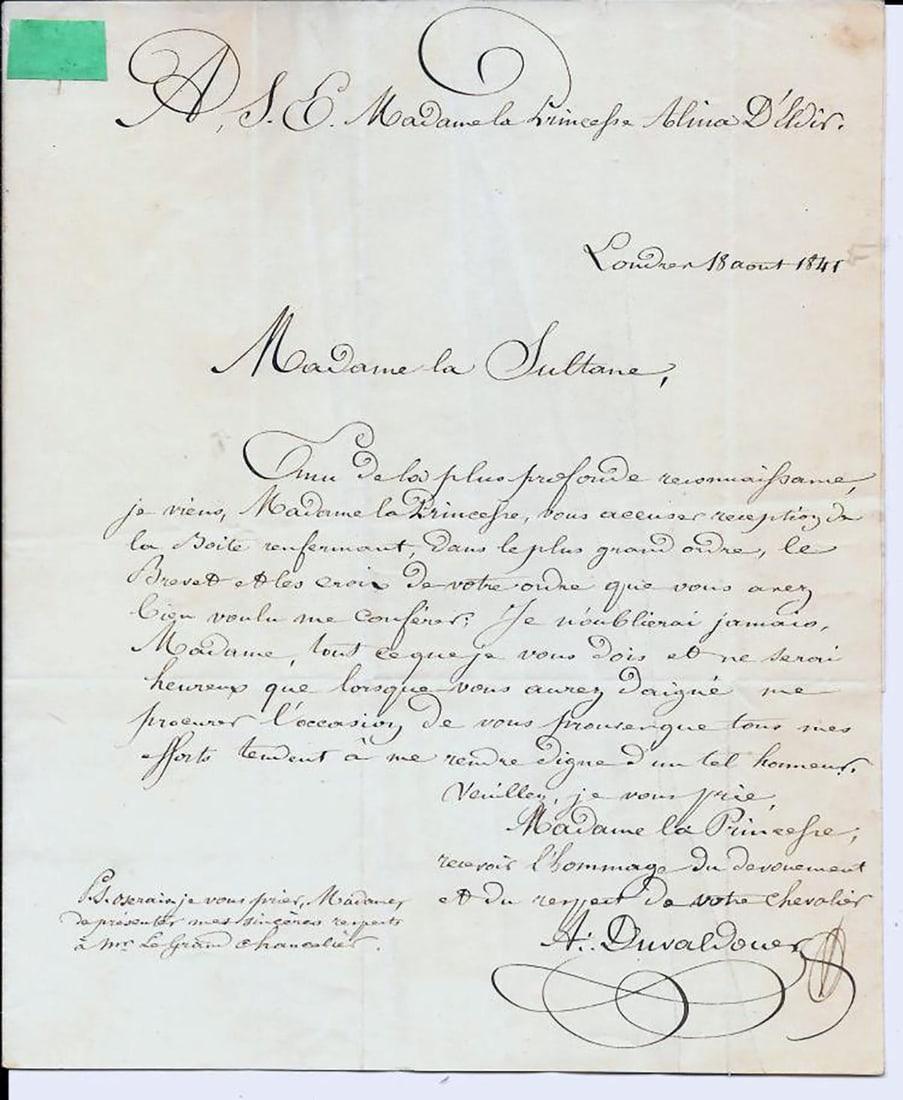 French Letter to Princess Alina D'Eldir Daughter of Empress Josephine Dated 1841 (1 of 1)