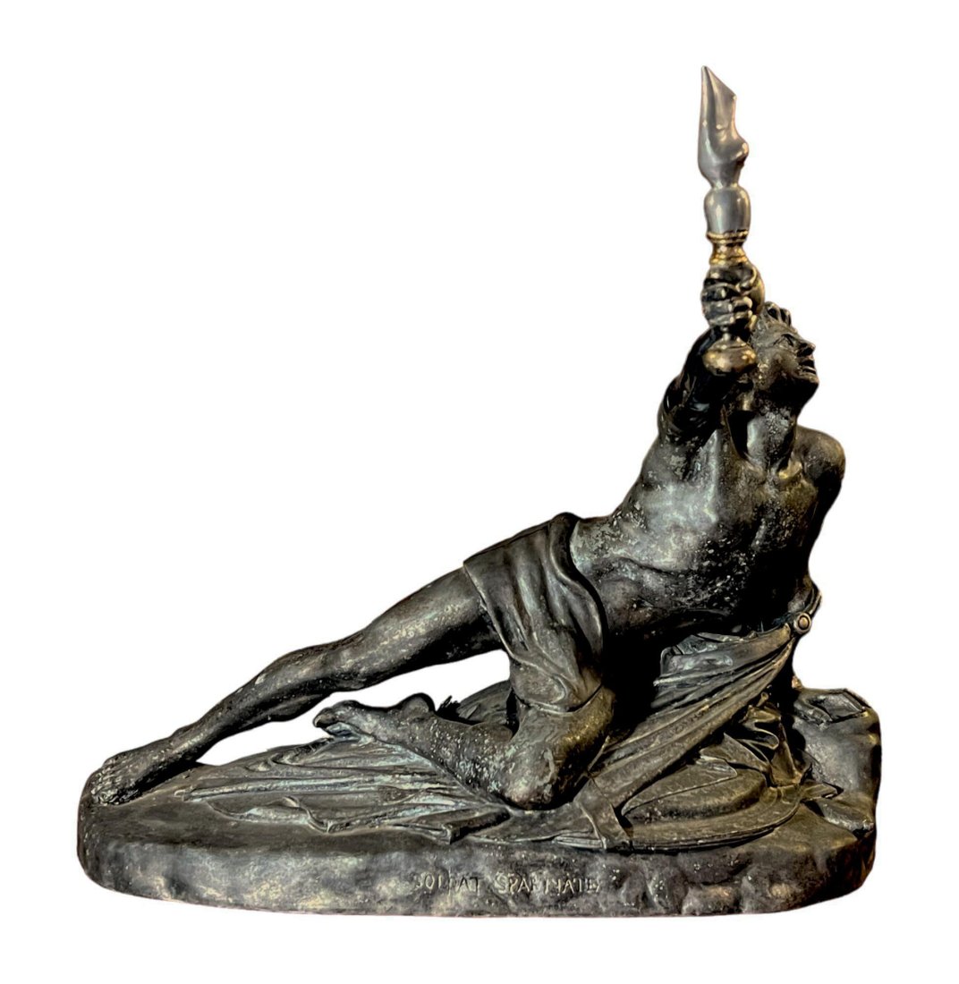 French Sculpture After Jean-Pierre Cortot SPARTAN SOLDIER: French Sculpture TITLED SPARTAN SOLDIER, After Jean-Pierre Cortot's LE SOLDAT DE MARATHON ANNONÇANT LA VICTOIRE [THE SOLDIER OF MARATHON ANNOUNCING VICTORY] | Base engraved at its center with SOLDAT 