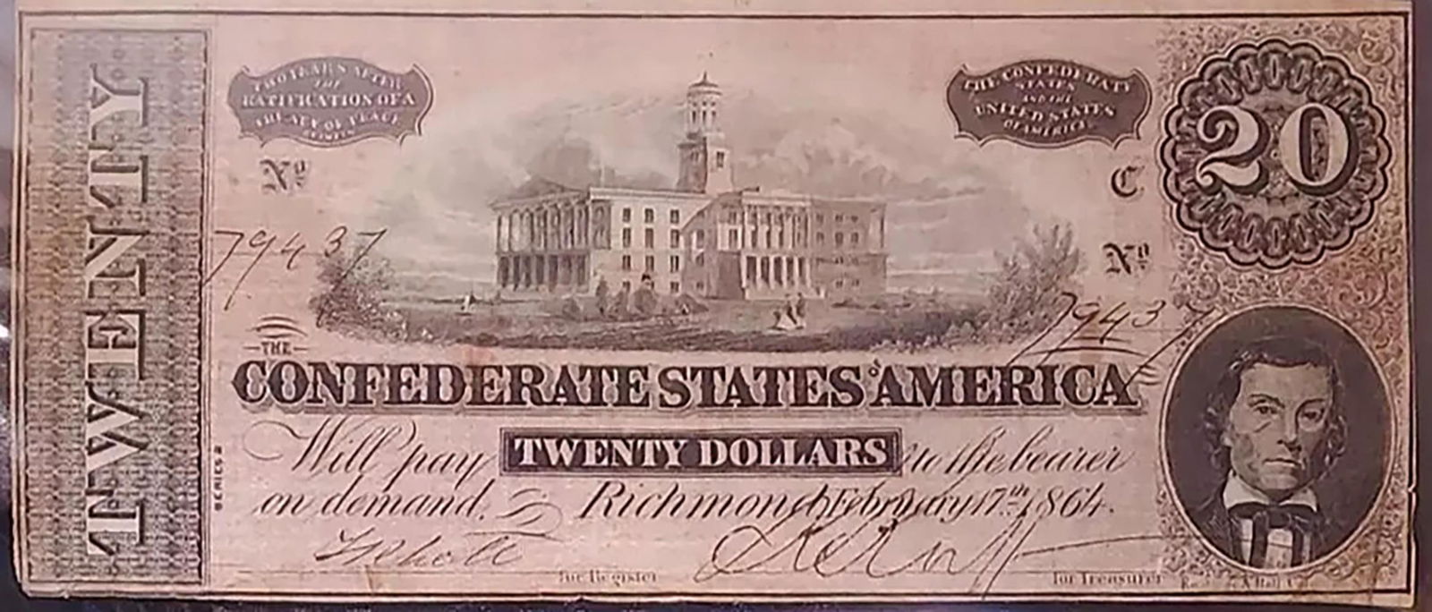 1864 $20 T-67 Confederate States Of America Richmond Currency Note - Showing Tennessee State House (1 of 1)