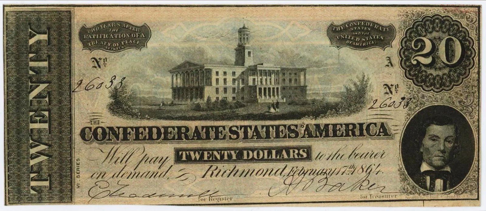 1864 $20 T-67 Confederate States Of America Richmond Currency Note - Showing Tennessee State House (1 of 1)