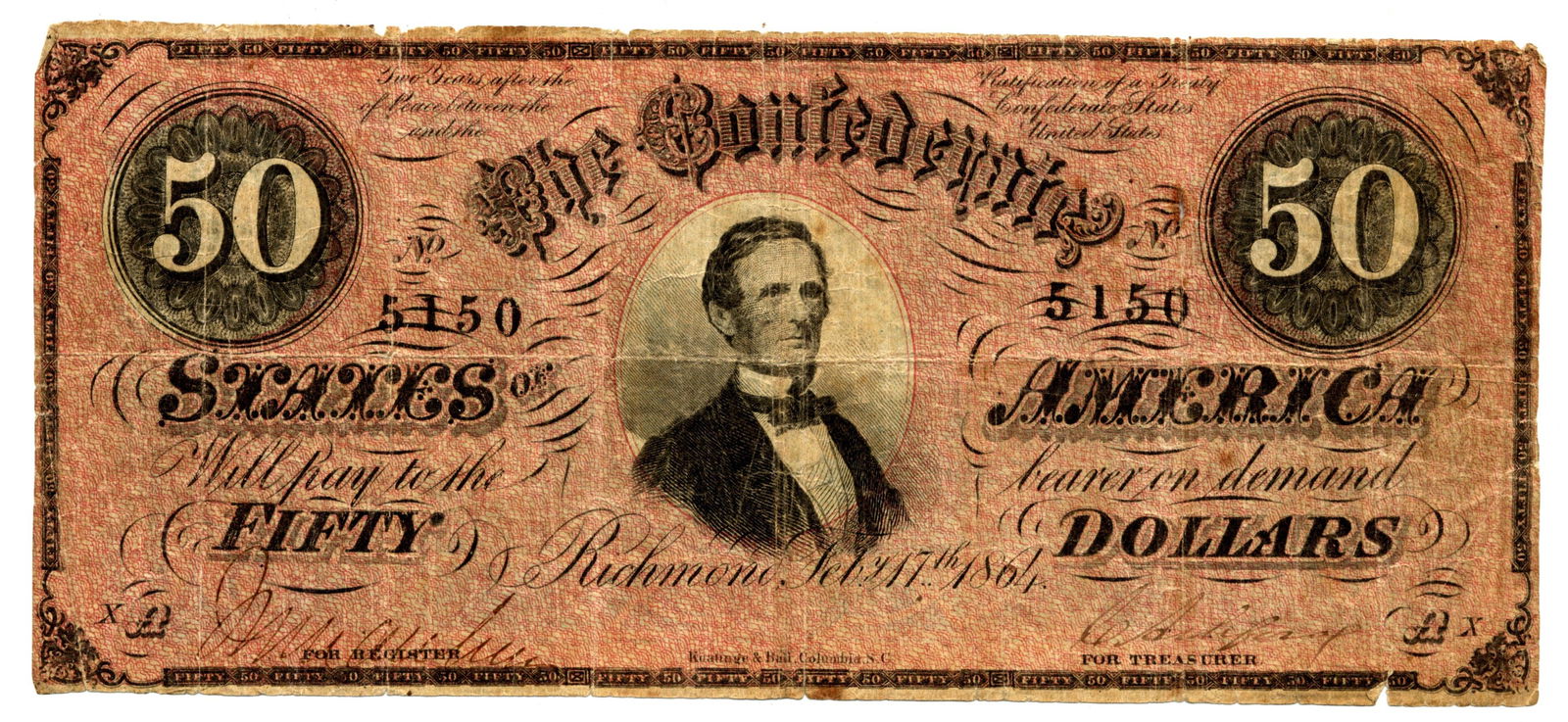 1864 $50.00 T-66 Confederate States Of America Richmond Currency Note (1 of 2)