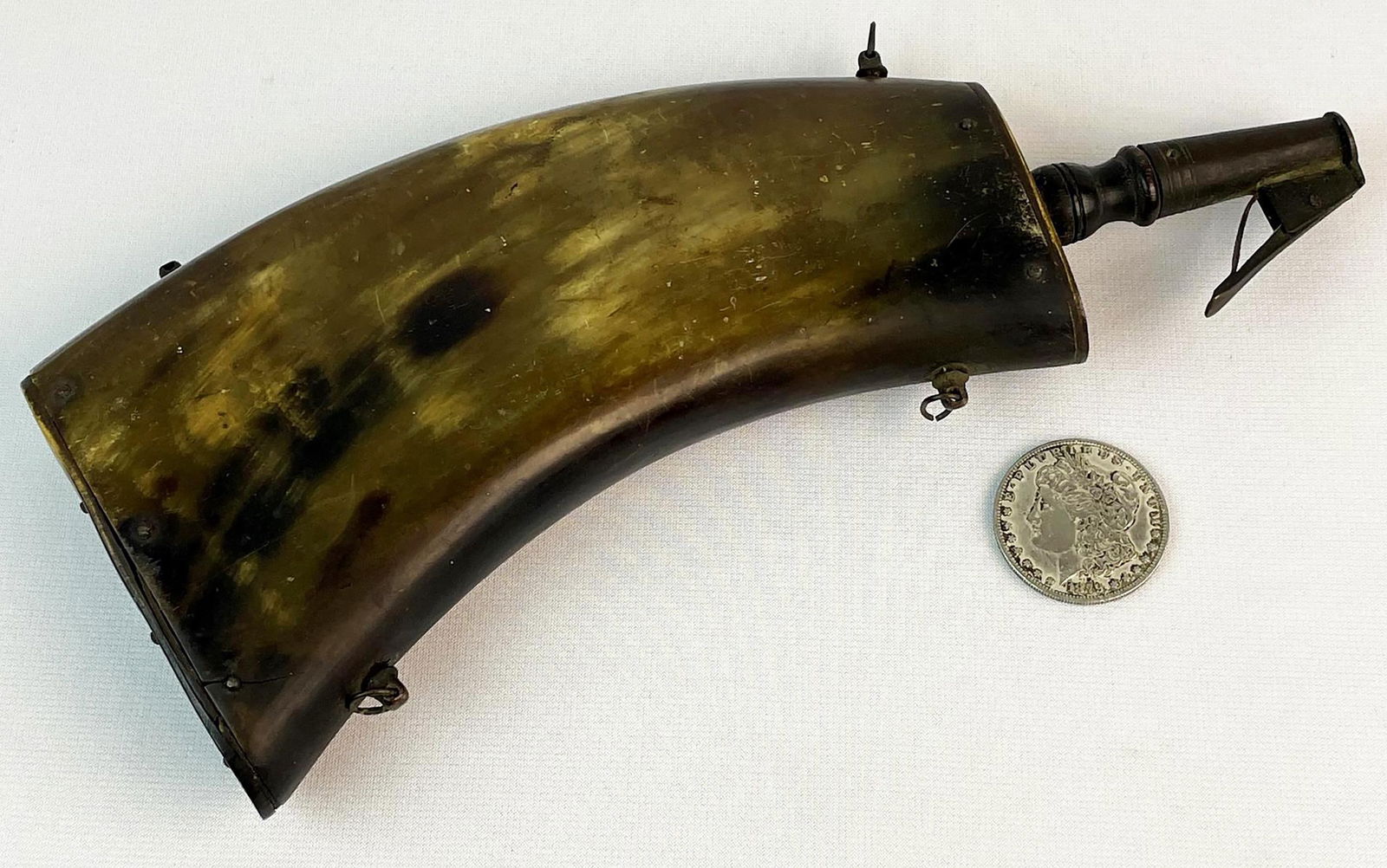Rare 18th c. Revolutionary War Era Scottish Powder Horn Flask: Rare 18th c. Revolutionary War Era Scottish Powder Horn Flask | Powder flask hand carved from cow horn. It was appraised by Christies for $2,500 in 1999. Approx. Dimensions: 12" long x 5" W.